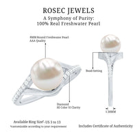 Rosec Jewels cultured 7.4 carat freshwater pearl engagement ring with diamond split shank, showcasing a detailed gold band and elegant design.