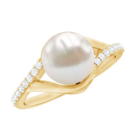 Rosec Jewels cultured 7.4 carat freshwater pearl engagement ring with diamond split shank design, showcasing elegant jewelry craftsmanship.