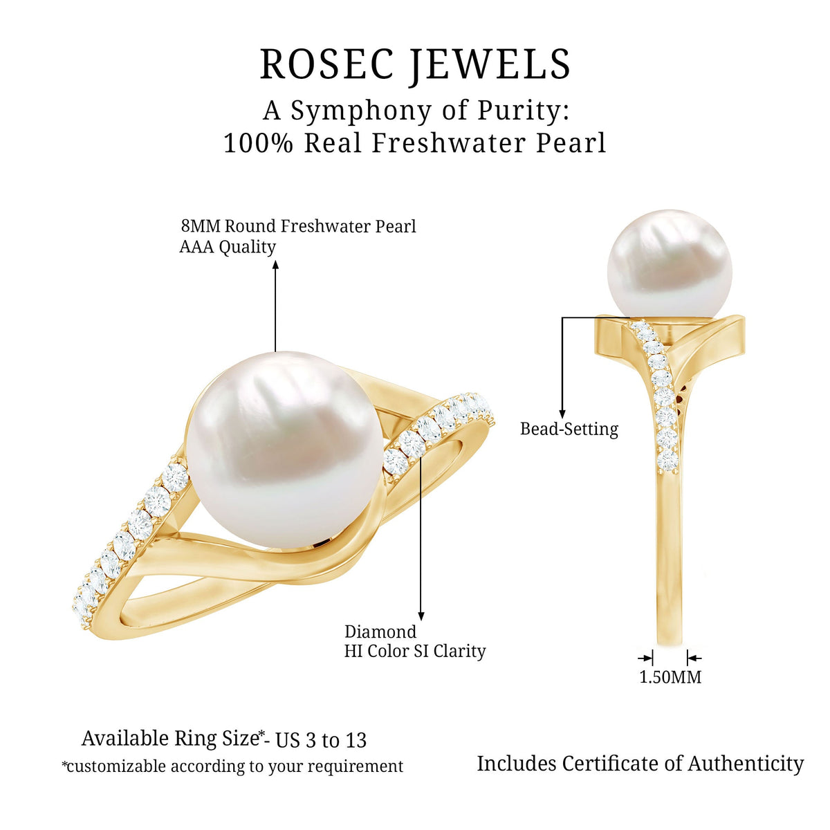 Cultured 7.4 carat freshwater pearl engagement ring with diamond split shank by Rosec Jewels, showcasing elegant jewelry design.