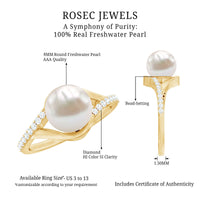 Cultured 7.4 carat freshwater pearl engagement ring with diamond split shank by Rosec Jewels, showcasing elegant jewelry design.