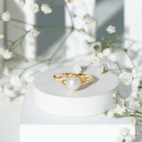 Freshwater pearl engagement ring with 7.4 carats, diamond split shank, Rosec Jewels rings featuring elegant design and sparkling accents.
