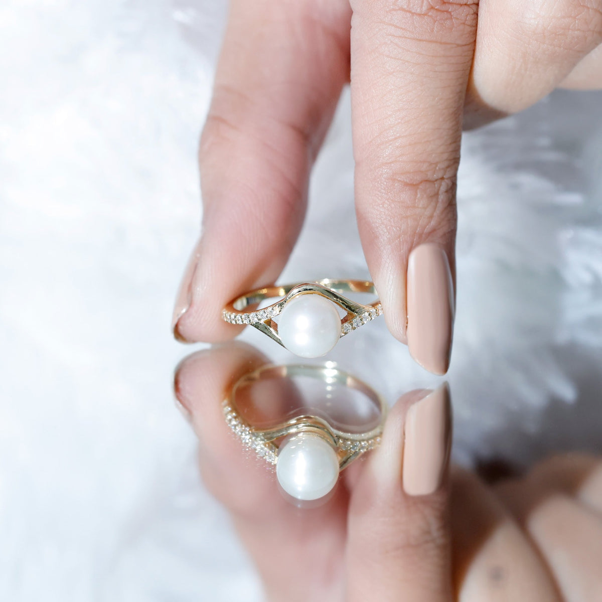 Cultured 7.4 carat freshwater pearl engagement ring with diamond split shank by Rosec Jewels, featuring a elegant and classic design.