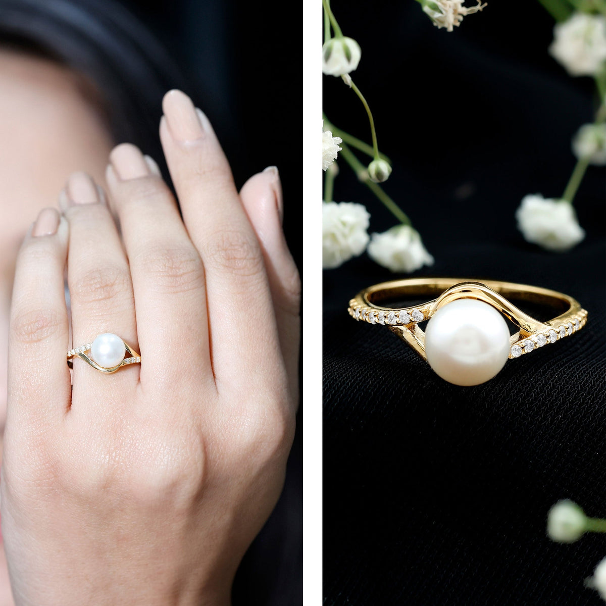 Rosec Jewels cultured 7.4 carat freshwater pearl engagement ring with diamond split shank, showcasing elegant design and sparkling accents.
