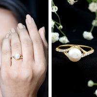 Rosec Jewels cultured 7.4 carat freshwater pearl engagement ring with diamond split shank, showcasing elegant design and sparkling accents.