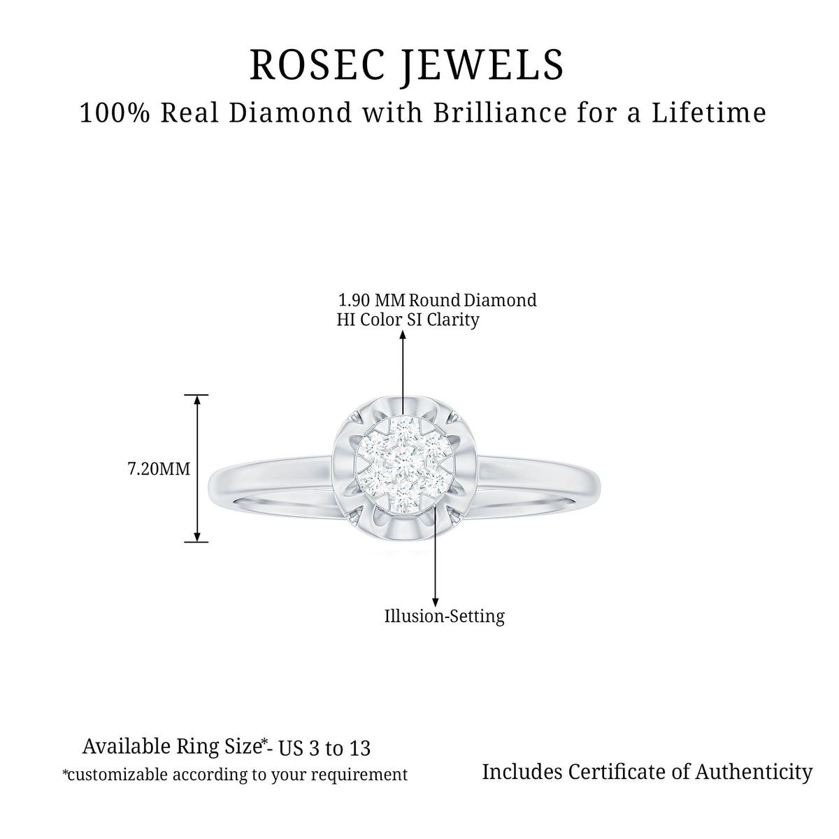 Round shape diamond promise ring in illusion setting by Rosec Jewels, featuring a sparkling central diamond on a sleek band.