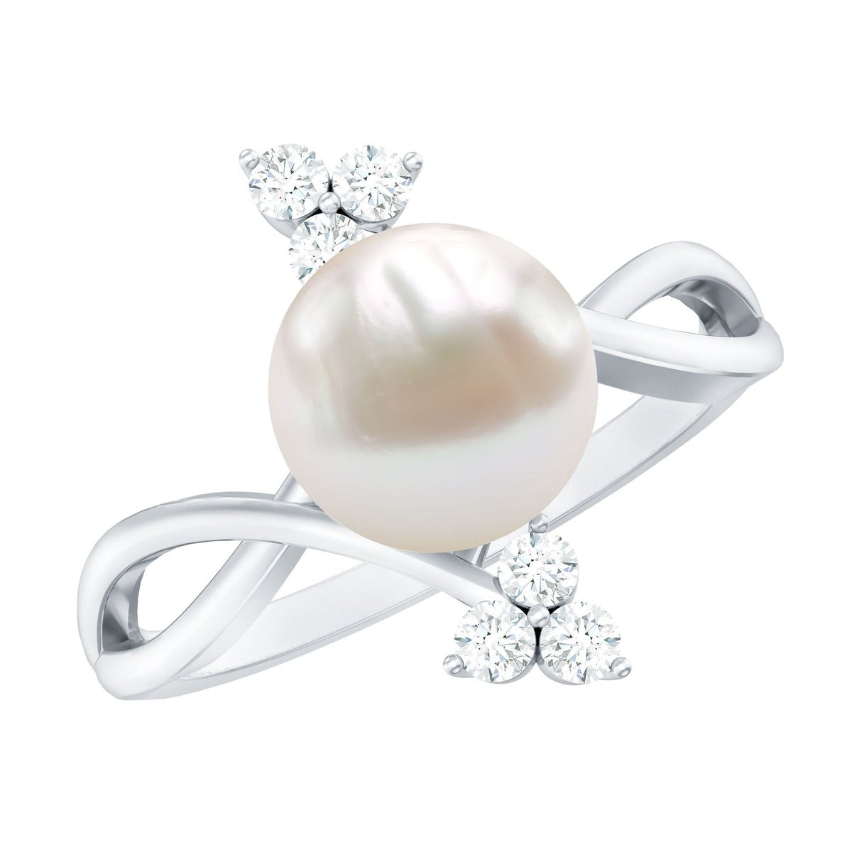 Rosec Jewels cultured white pearl and diamond bypass engagement ring, 7.48 carats, featuring elegant design and sparkling accents.