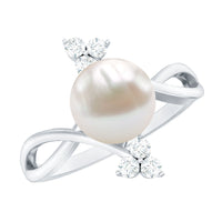Rosec Jewels cultured white pearl and diamond bypass engagement ring, 7.48 carats, featuring elegant design and sparkling accents.
