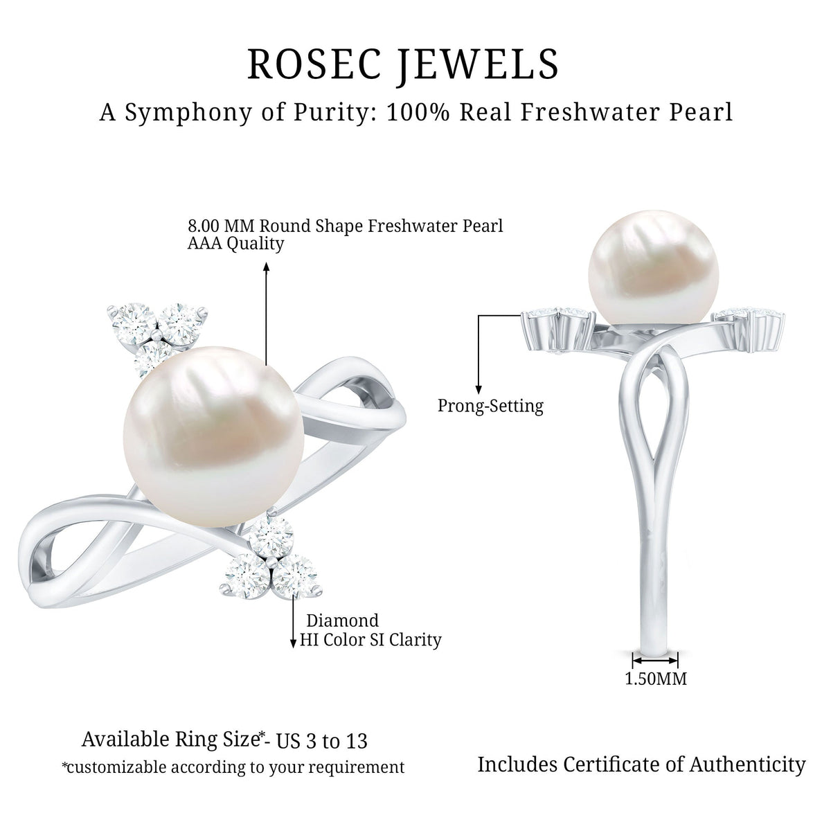 Rosec Jewels white pearl bypass engagement ring with 7.48 carats and diamonds, featuring elegant band and intricate design.