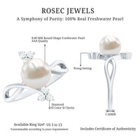 Rosec Jewels white pearl bypass engagement ring with 7.48 carats and diamonds, featuring elegant band and intricate design.