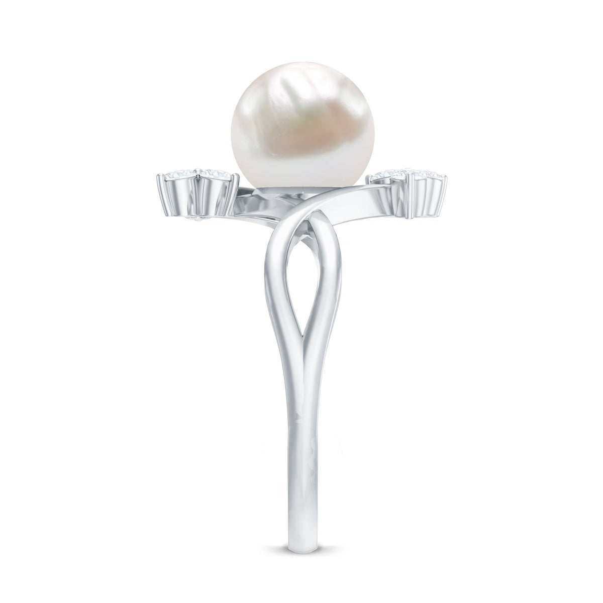 Cultured 7.48 carat white pearl bypass engagement ring with diamonds by Rosec Jewels, featuring elegant design and sparkling accents.
