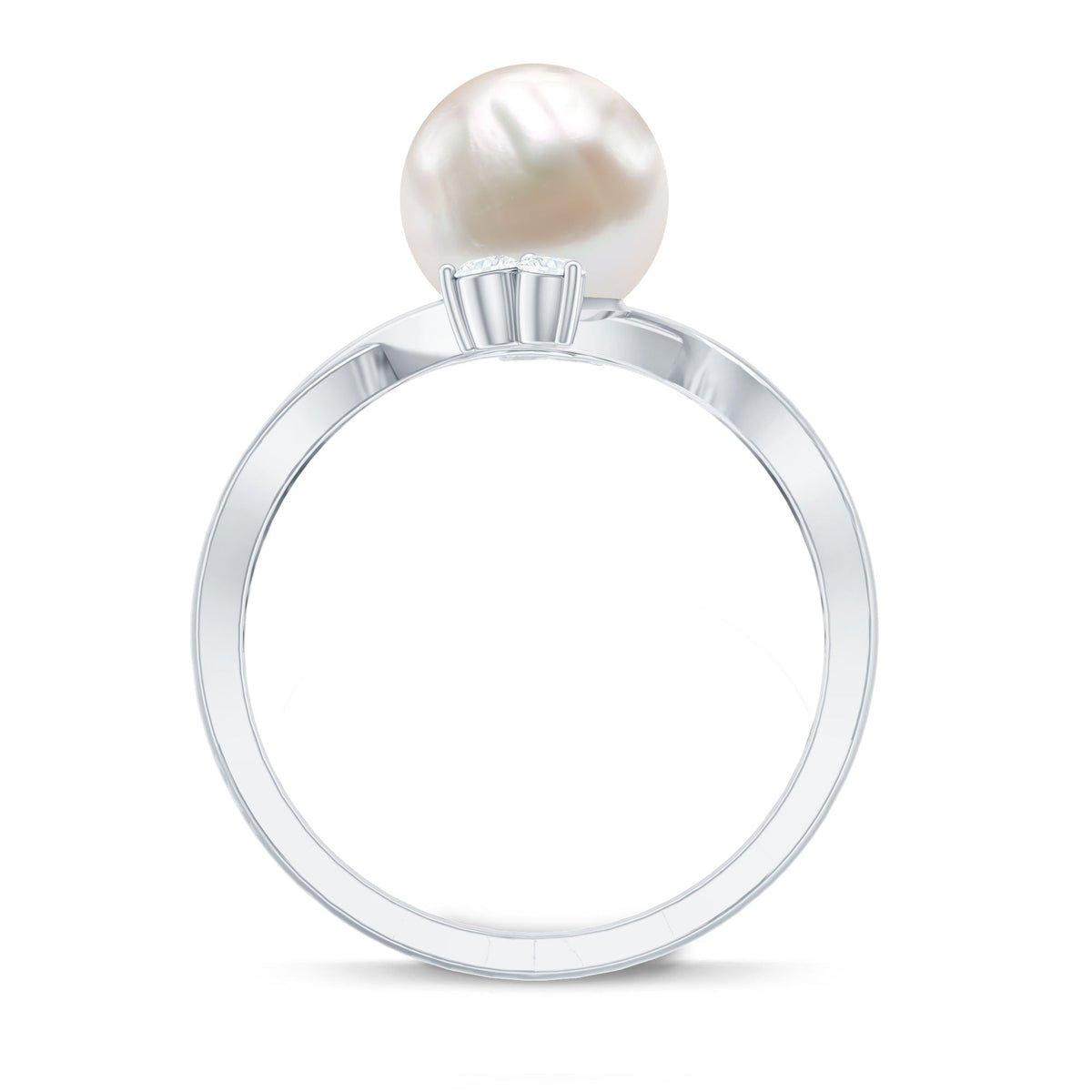 Rosec Jewels cultured 7.48 carat white pearl bypass engagement ring with diamond accents, showcasing elegant design and craftsmanship.