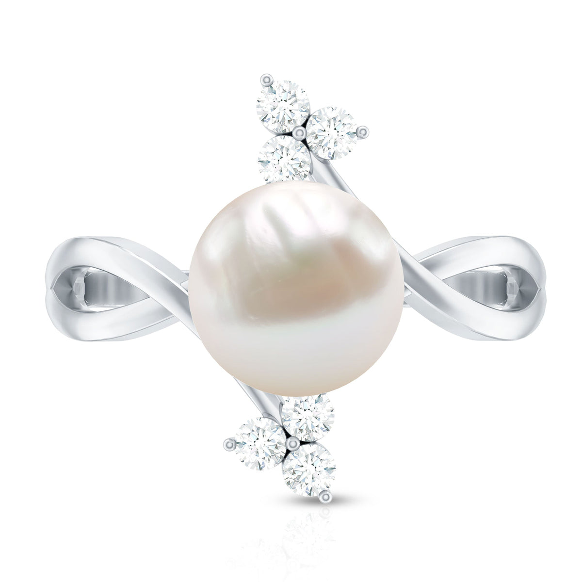Cultured 7.48 carat white pearl bypass engagement ring with diamonds by Rosec Jewels, showcasing elegant design and fine craftsmanship.