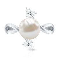 Cultured 7.48 carat white pearl bypass engagement ring with diamonds by Rosec Jewels, showcasing elegant design and fine craftsmanship.