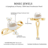 Cultured 7.48 carat white pearl bypass engagement ring with diamonds, featuring a rose gold band and intricate design.