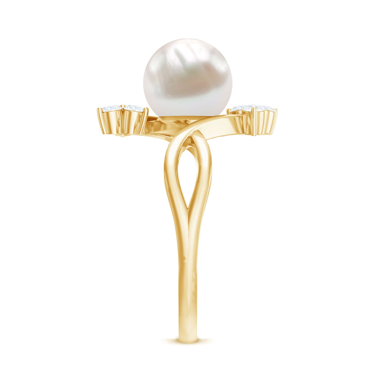 Cultured 7.48 carat white pearl bypass engagement ring with diamonds by Rosec Jewels, showcasing elegant design and sparkling accents.