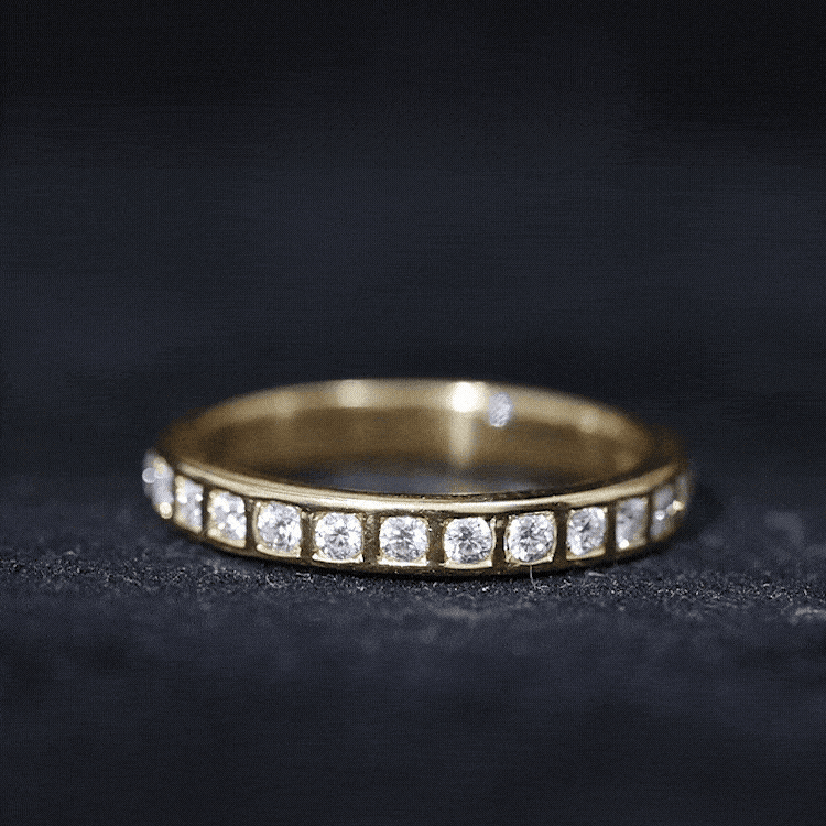 Yellow gold moissanite half eternity ring for women, Rosec Jewels, showcasing sparkling gemstone band design.