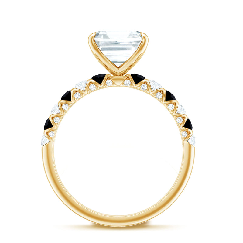 Rosec Jewels moissanite engagement ring with black diamond claw setting, showcasing sparkling gemstones and elegant design.