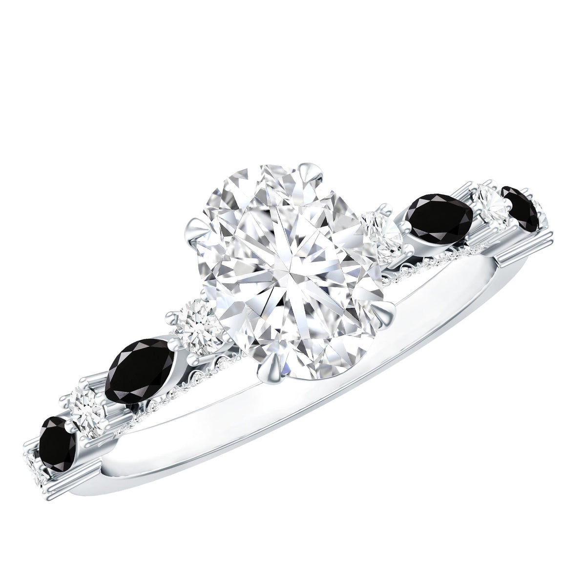 Certified Moissanite Oval Engagement Ring with Real Black Spinel