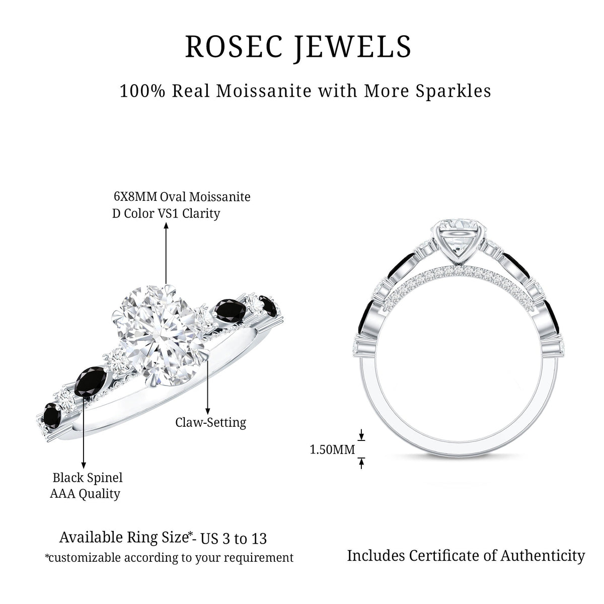 Certified Moissanite Oval Engagement Ring with Real Black Spinel