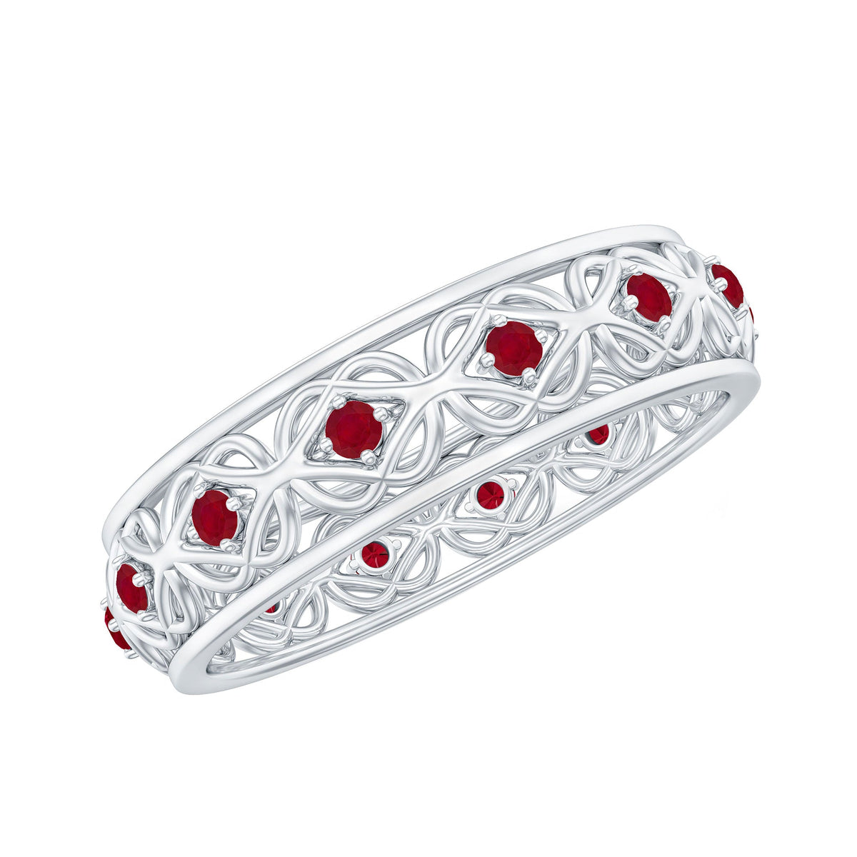Natural ruby Celtic knot wedding band for women by Rosec Jewels, featuring intricate gold design and vibrant ruby accents.