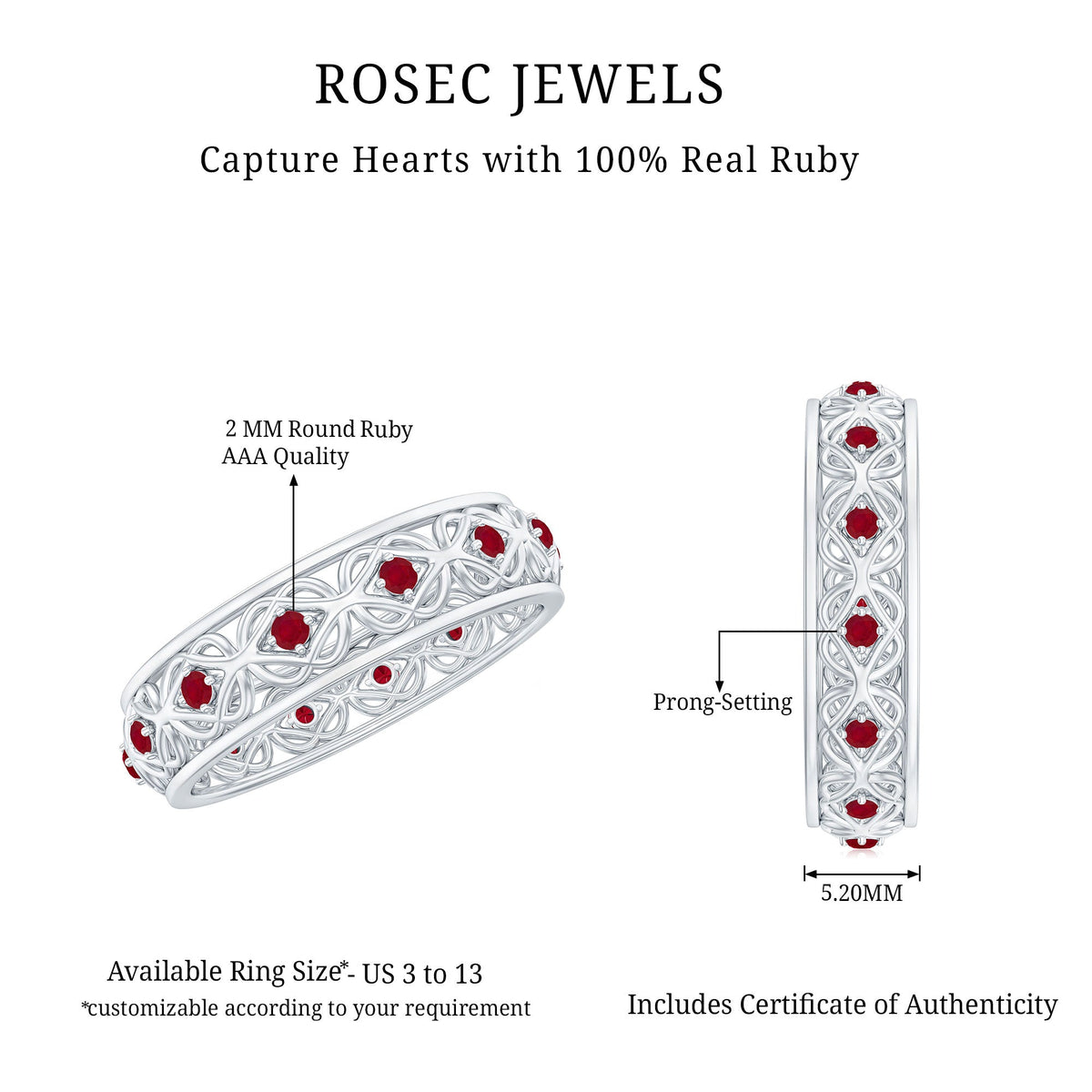 Natural ruby Celtic knot wedding band for women, elegant Rosec Jewels rings featuring intricate knot design and vibrant ruby accents.