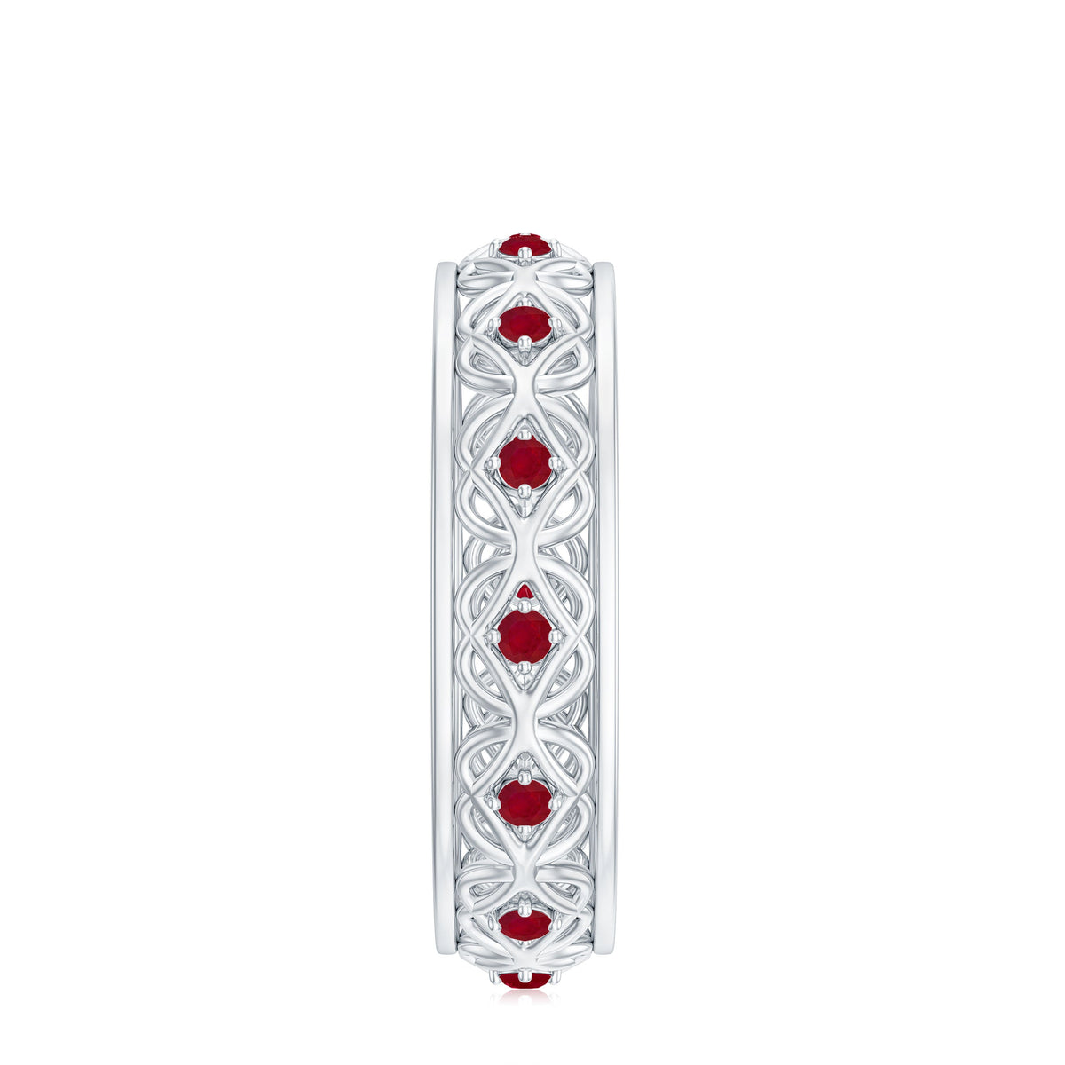 Natural ruby Celtic knot wedding band for women with intricate design, crafted by Rosec Jewels.