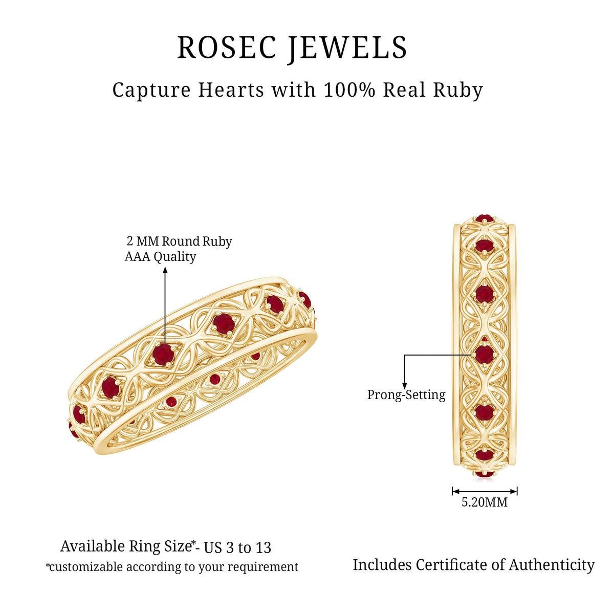 Natural Ruby Celtic Knot wedding band for women by Rosec Jewels, showcasing intricate Celtic design and vibrant ruby gemstone.