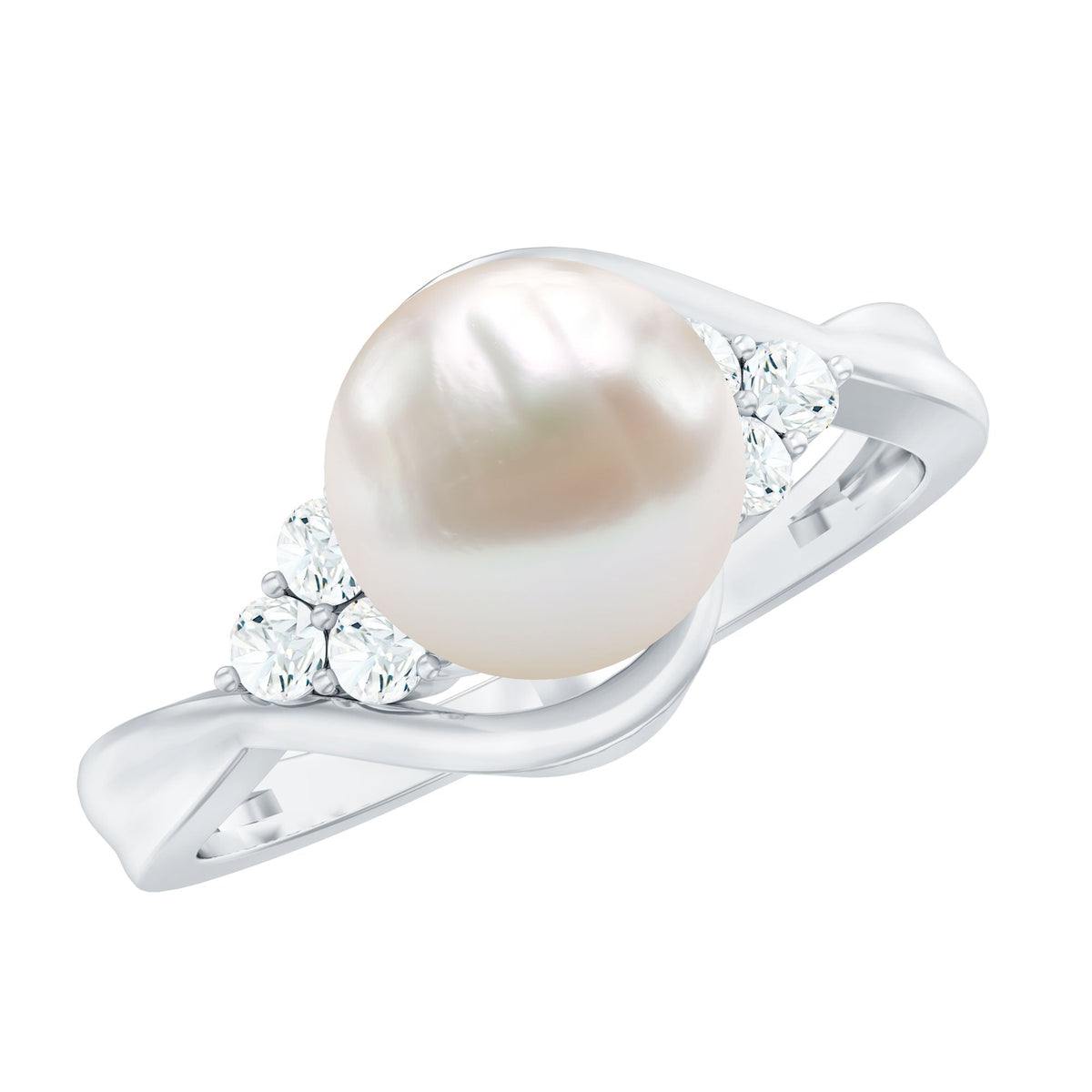 Natural 7.4 carat freshwater pearl engagement ring with diamond trio by Rosec Jewels, showcasing a elegant pearl centerpiece and sparkling diamonds.
