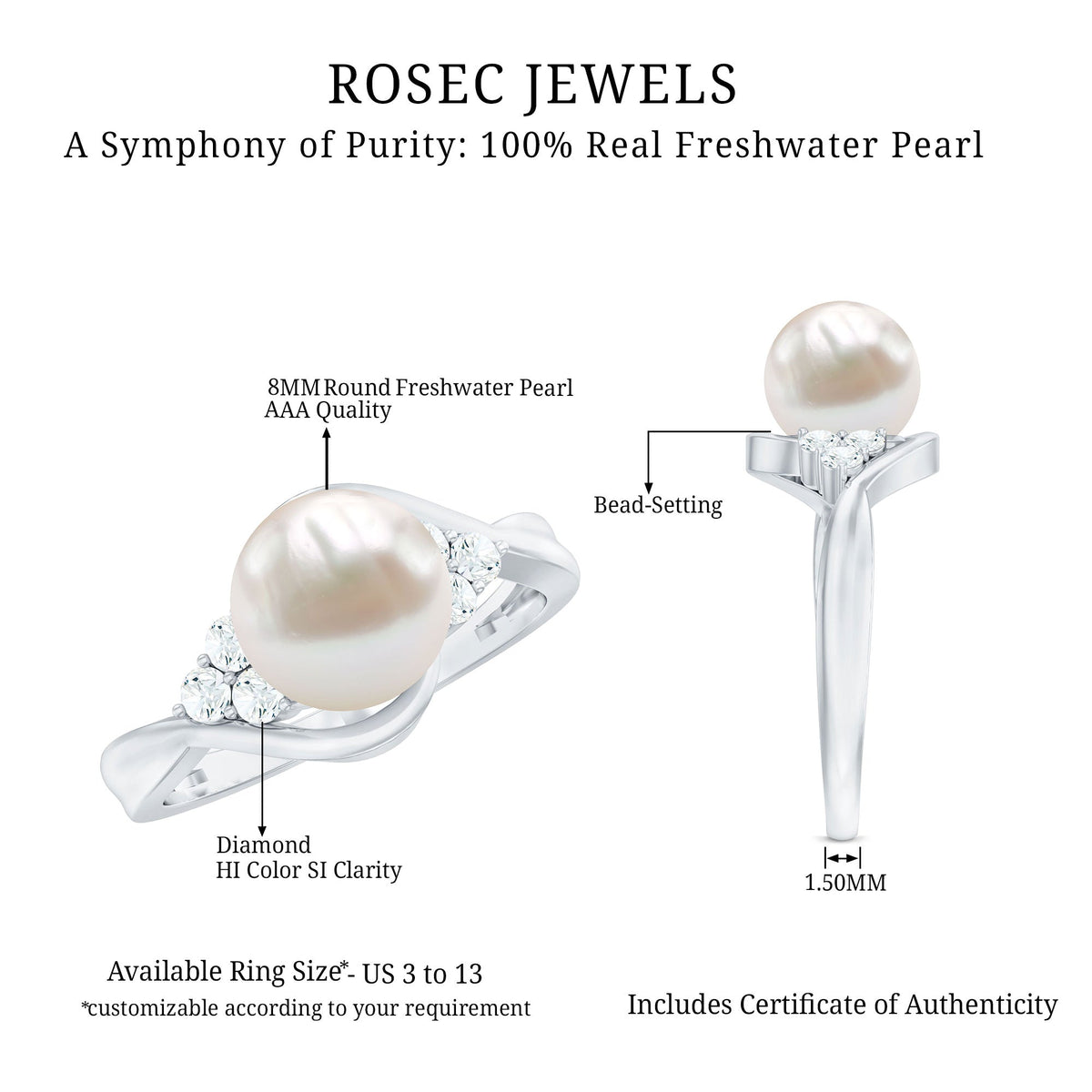 Rosec Jewels freshwater pearl engagement ring with a 7.4-carat pearl and diamond trio, elegant silver ring design.