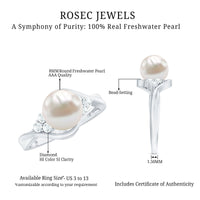 Rosec Jewels freshwater pearl engagement ring with a 7.4-carat pearl and diamond trio, elegant silver ring design.