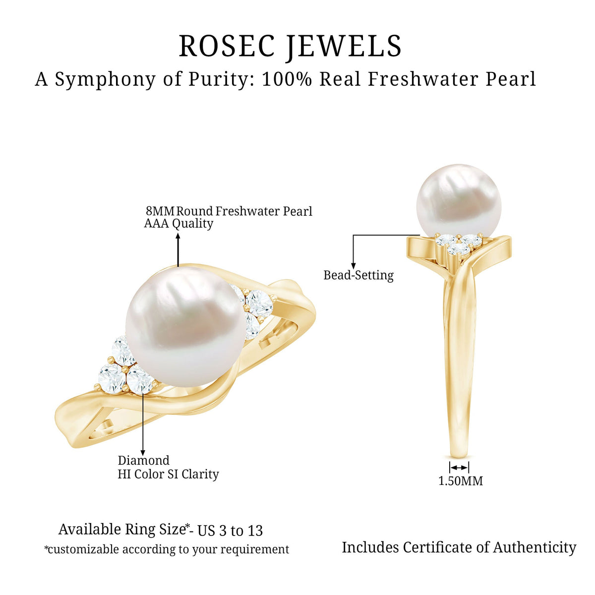 Natural 7.4 carat freshwater pearl engagement ring with diamond trio, featuring a delicate band and elegant design by Rosec Jewels.