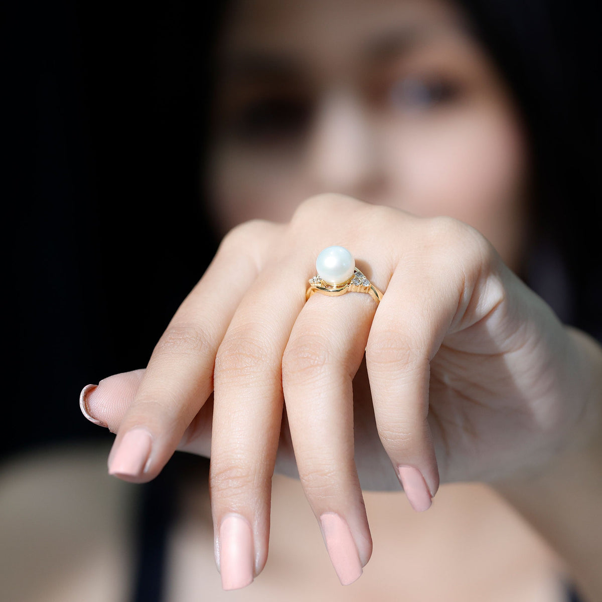 Natural 7.4 carat freshwater pearl engagement ring with diamond trio accents by Rosec Jewels showcasing the elegant ring design.