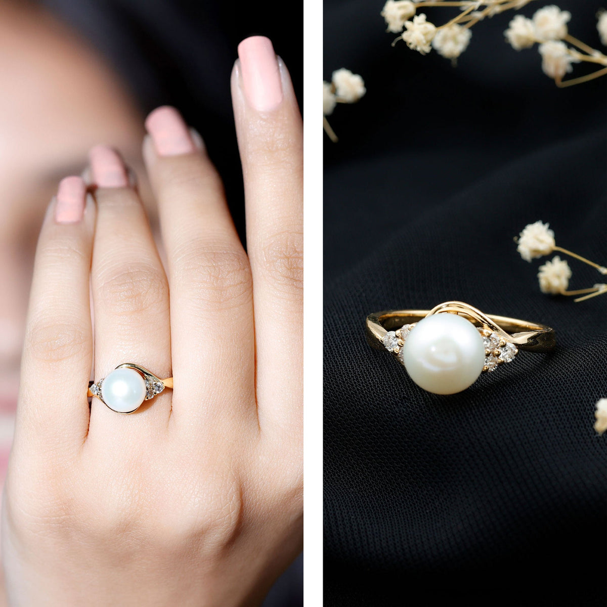 Natural 7.4 carat freshwater pearl engagement ring with diamond trio by Rosec Jewels, showcasing the elegant pearl and sparkling stones.