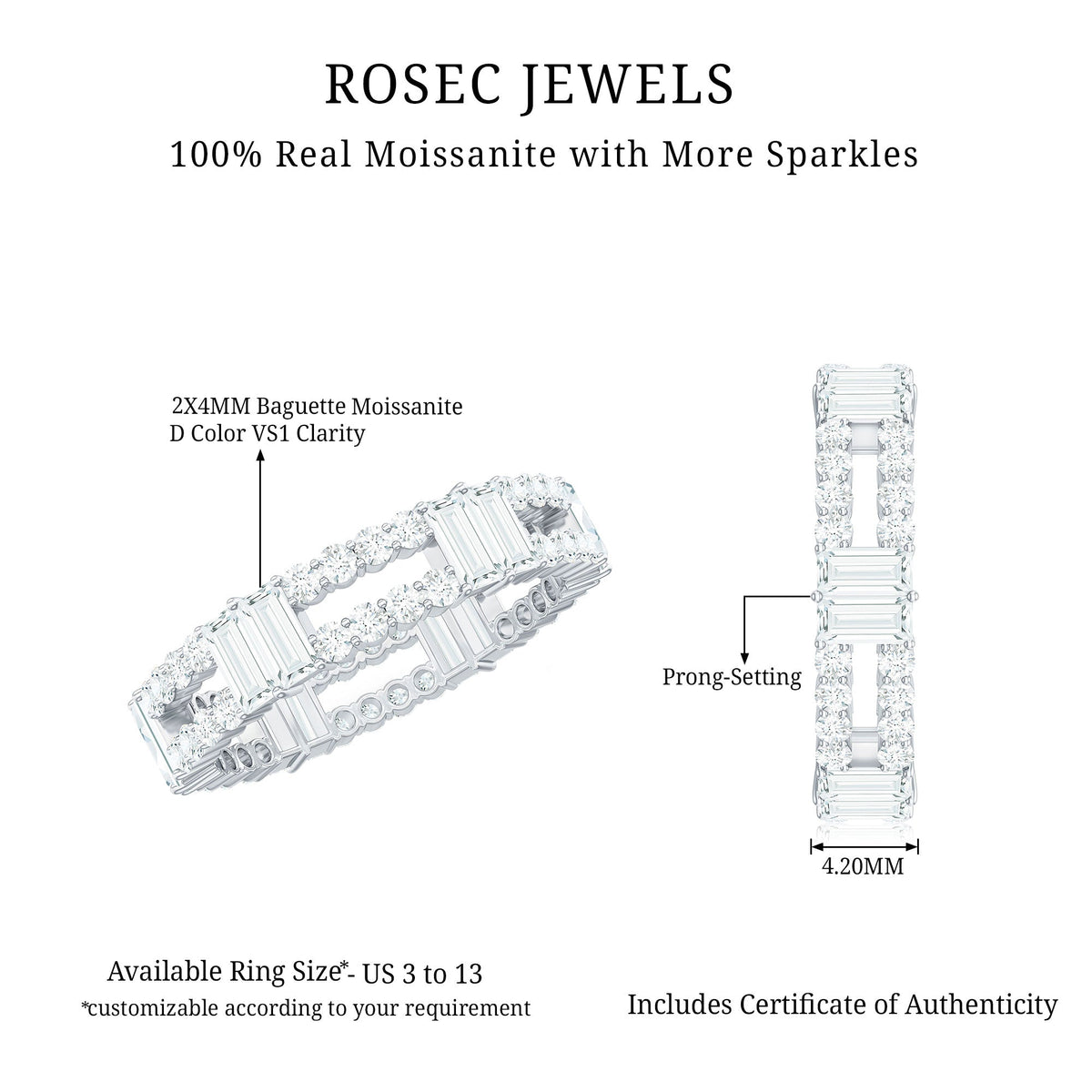 Rosec Jewels moissanite eternity wedding band ring with sparkling round-cut stones, showcasing a continuous circle of brilliance.