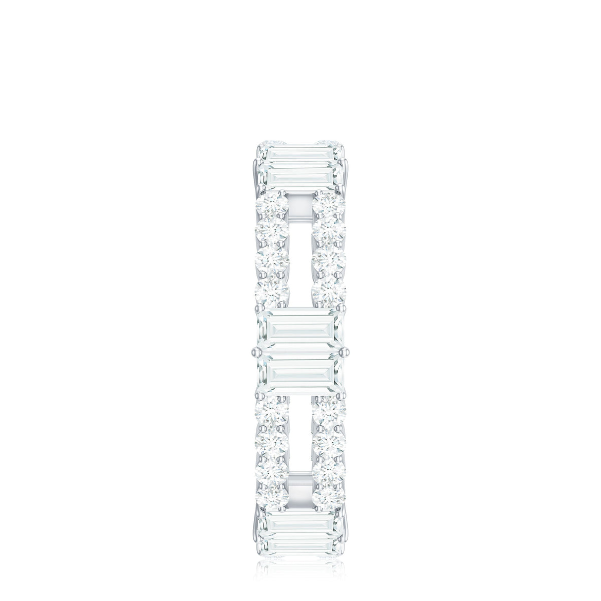 Rosec Jewels moissanite eternity wedding band ring with sparkling round-cut stones on a sleek silver band.