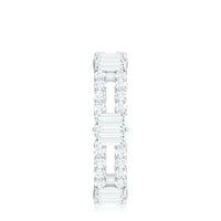 Rosec Jewels moissanite eternity wedding band ring with sparkling round-cut stones on a sleek silver band.