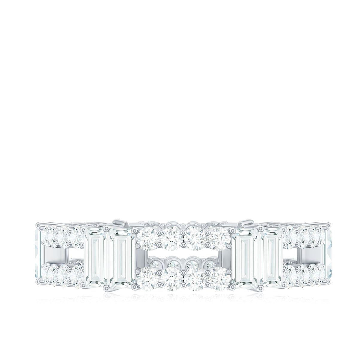 Rosec Jewels moissanite eternity wedding band ring with a continuous row of sparkling stones on a sleek silver band.