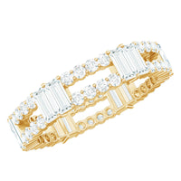 Rosec Jewels moissanite eternity wedding band ring with sparkling stones and a sleek, continuous design on a white background.