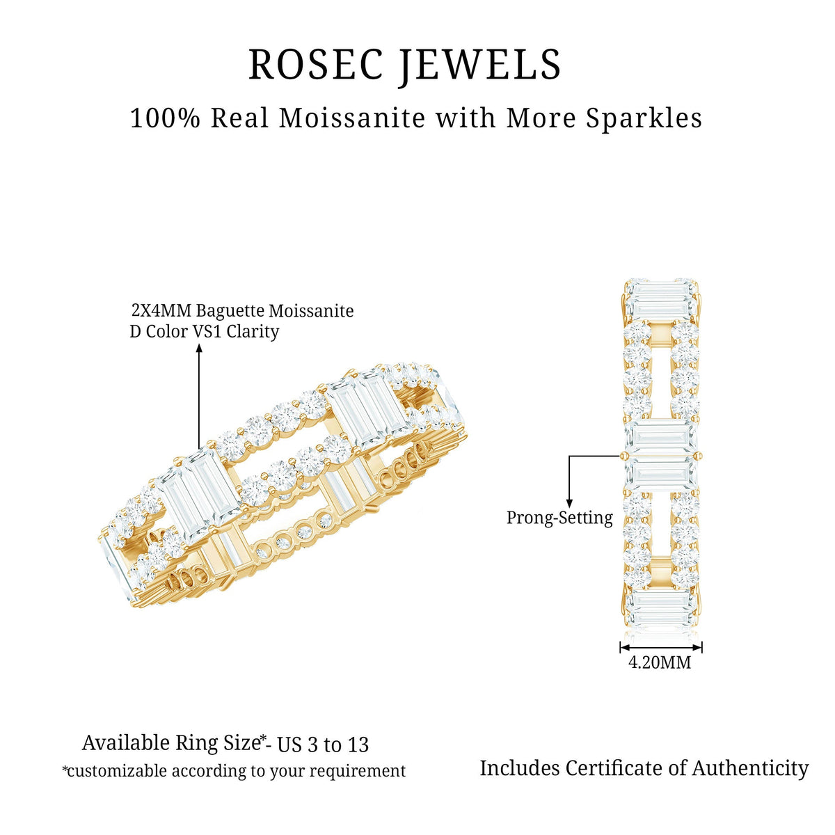 Rosec Jewels moissanite eternity wedding band ring with sparkling gemstones in a continuous circle design.
