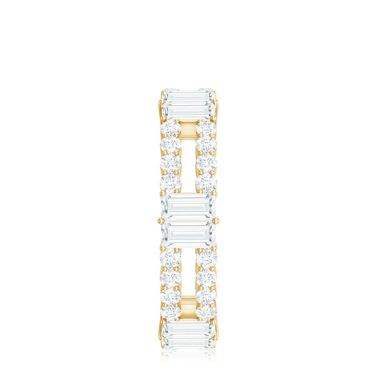 Rosec Jewels moissanite eternity wedding band ring with sparkling stones, showcasing a continuous circle of brilliance.