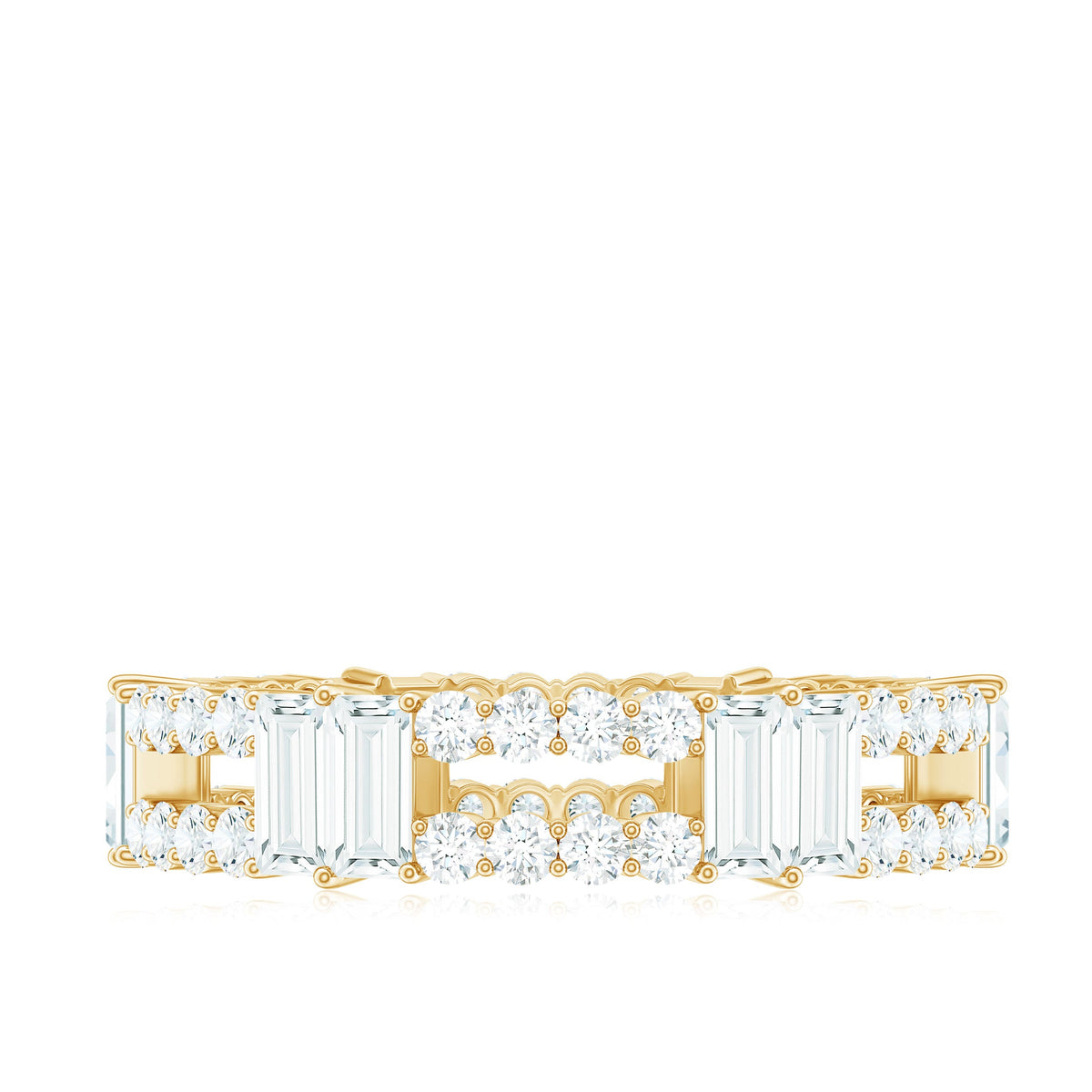Rosec Jewels Moissanite eternity wedding band ring with sparkling stones, showcasing a continuous circle of brilliance.