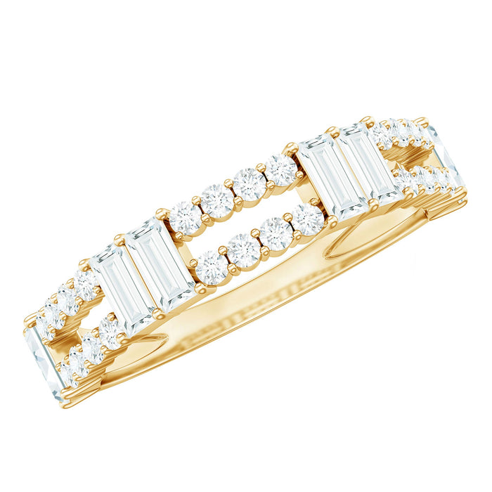Rosec Jewels moissanite half eternity ring featuring baguette and round stones, elegant ring design on a neutral background