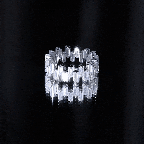 Yellow gold certified moissanite baguette eternity band ring from Rosec Jewels, featuring a continuous row of sparkling baguette-cut stones.