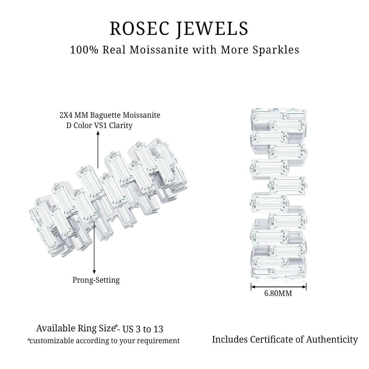 Certified Moissanite Baguette Eternity Band Ring by Rosec Jewels featuring sparkling baguette-cut moissanite stones in a continuous band.