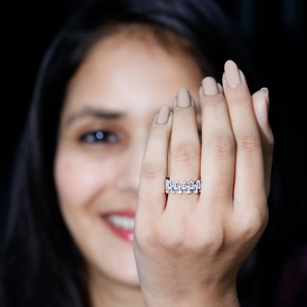 Elegant rose gold certified moissanite baguette eternity band ring with sparkling gemstones from Rosec Jewels.