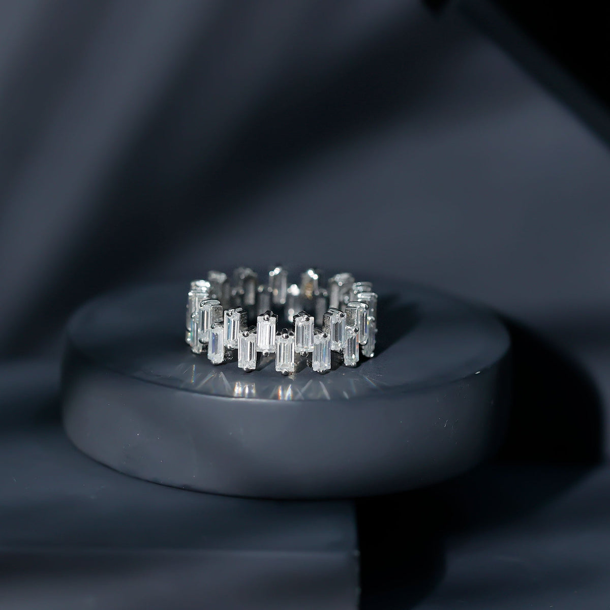 Certified Moissanite Baguette Eternity Band Ring by Rosec Jewels featuring sparkling baguette-cut moissanite stones set in a continuous band.