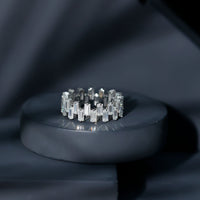 Certified Moissanite Baguette Eternity Band Ring by Rosec Jewels featuring sparkling baguette-cut moissanite stones set in a continuous band.