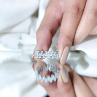 Certified Moissanite Baguette Eternity Band Ring from Rosec Jewels, showcasing a sleek silver ring with sparkling baguette-cut stones.