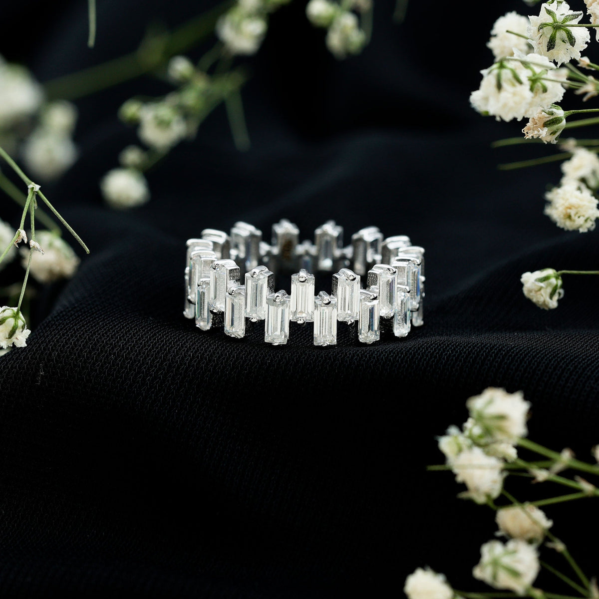Certified Moissanite Baguette Eternity Band Ring by Rosec Jewels with sparkling baguette-cut stones set in a continuous circle.