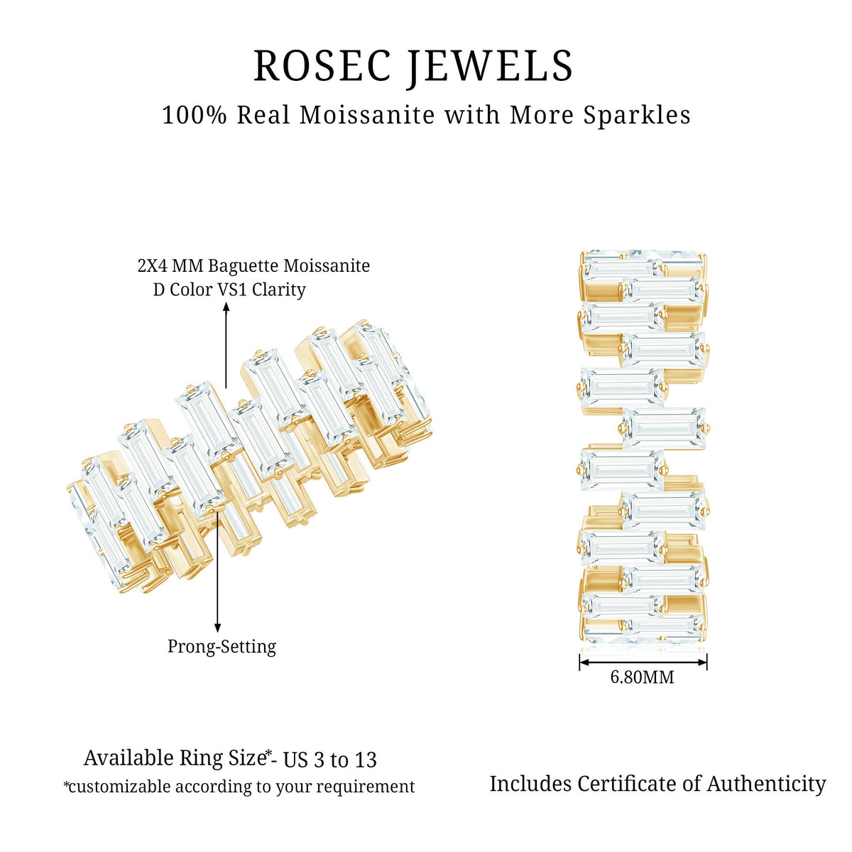 Certified Moissanite Baguette Eternity Band Ring by Rosec Jewels featuring sparkling baguette-cut moissanite stones in a continuous band.
